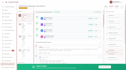 Agent Orchestration showing AI agents executing analysis with ReAct reasoning pattern.